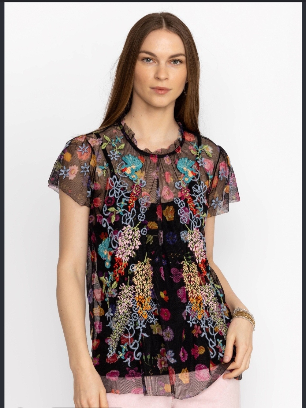Johnny Was Biya Rheia Mesh Top Women's L Black Embroidered Bohemian Luxury Fairy